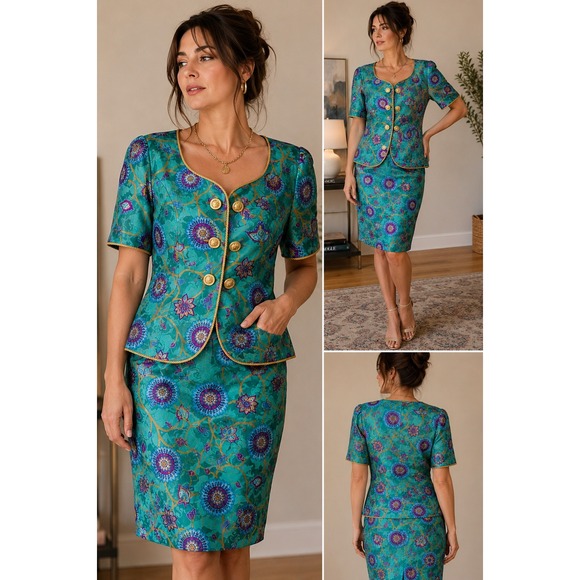 Adrianna Papell Dresses & Skirts - Adrianna Papell Skirt Suit 12 Teal Silk Floral Jacquard Vintage Gold Button 90s